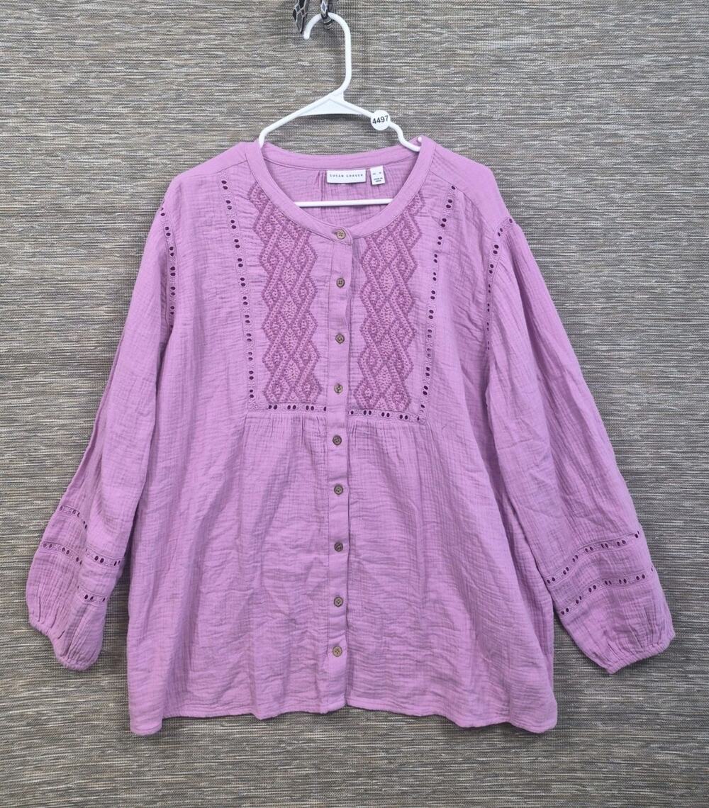 Susan Graver Regular Getaway Cotton Gauze Tunic with Embroidery Size XL Lilac